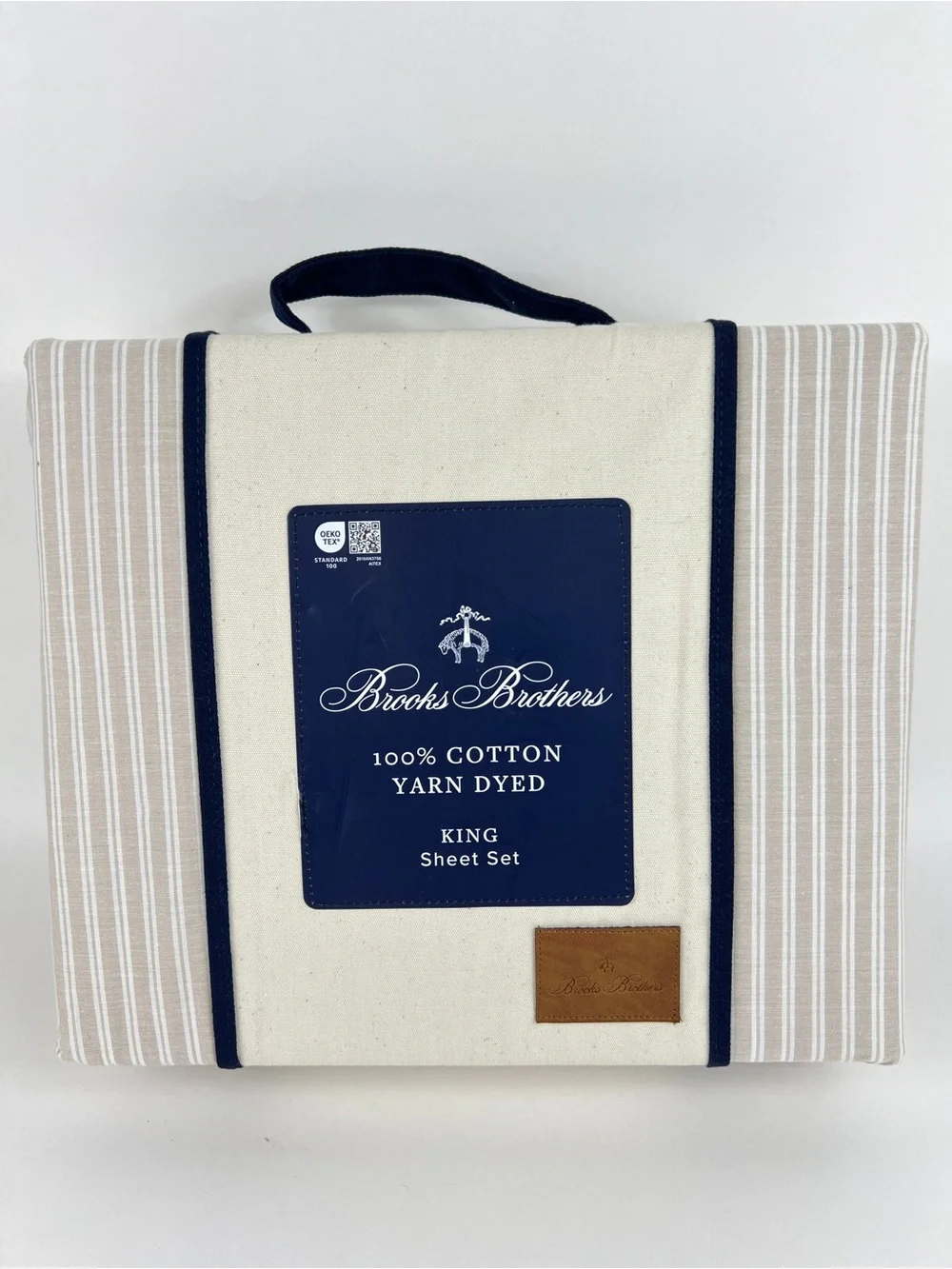 Brooks Brothers King Sheet Set Cream & White Stripe 100% Cotton 4 Pc NEW
